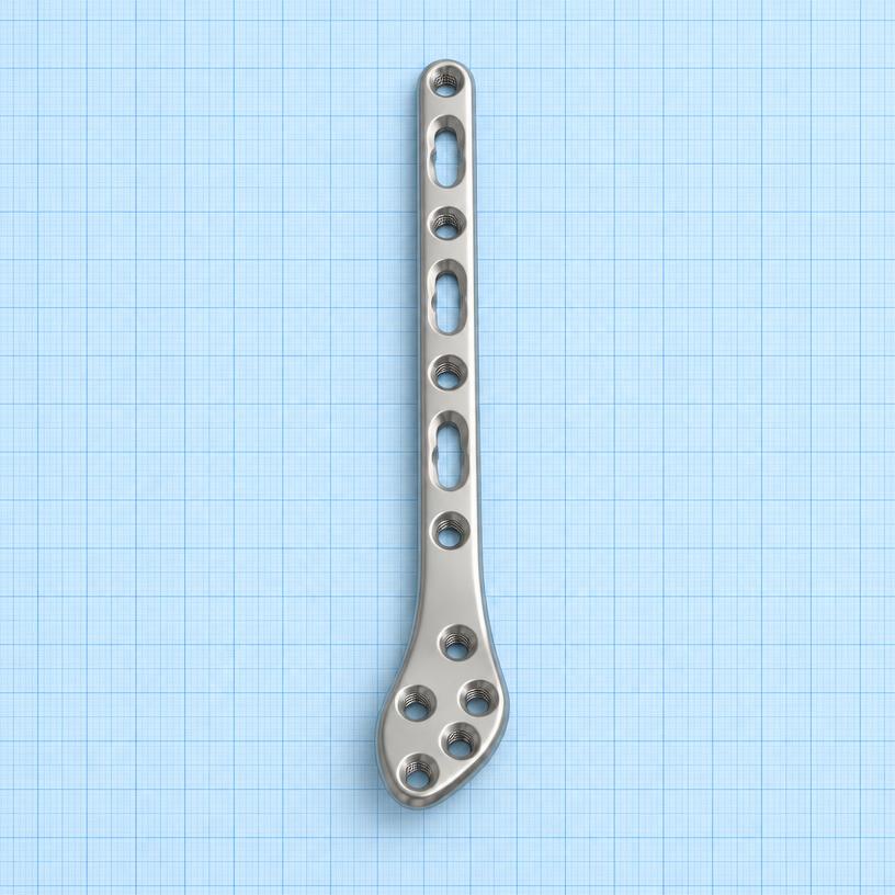 Distal Fibula Plate: orthopaedic implant on a light-blue graph-paper background